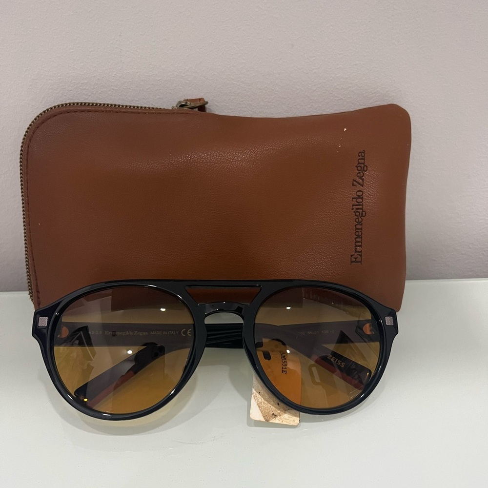 Ermenegildo Zegna Men’s Round Solid Double Bridge Sunglasses